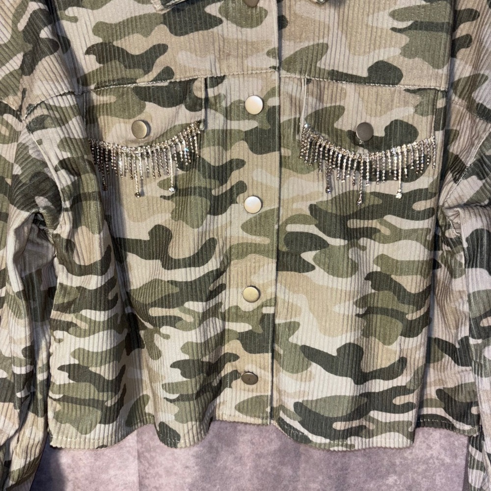 Savannah Jane Women's Medium Camo Corduroy Jacket Green Rhinestone Fringe - Picture 4 of 7